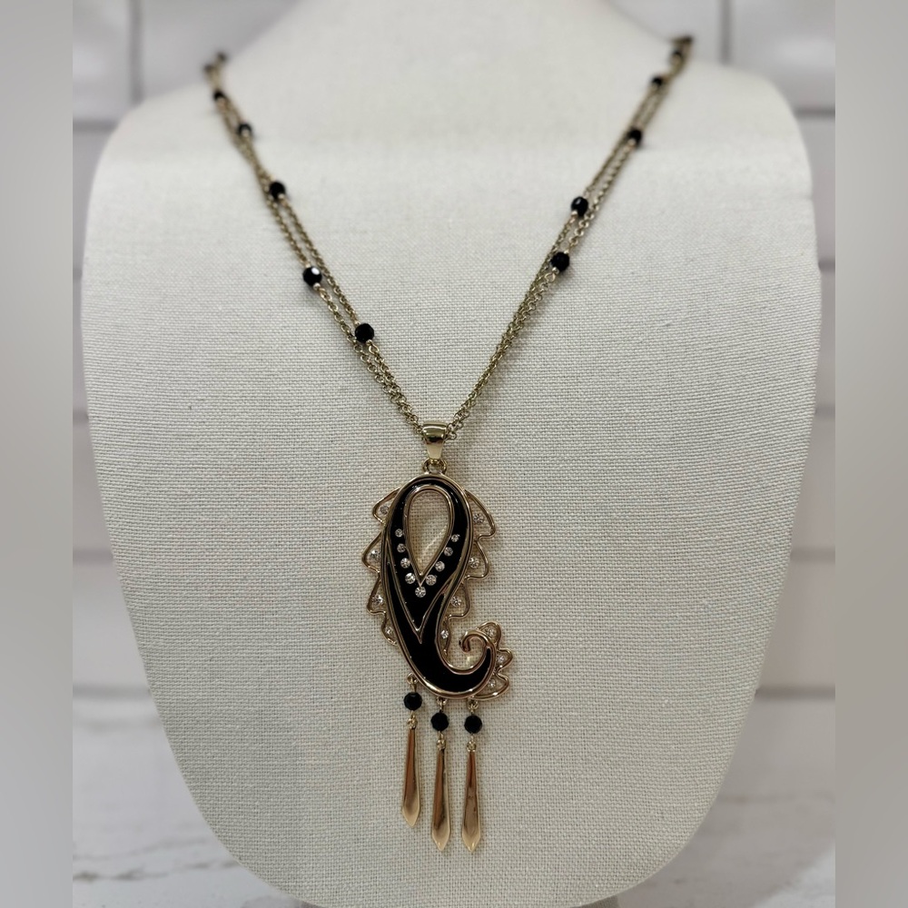 Bob Mackie Glam Gold-Tone & Black Statement Pendant Long Necklace w/Crystals